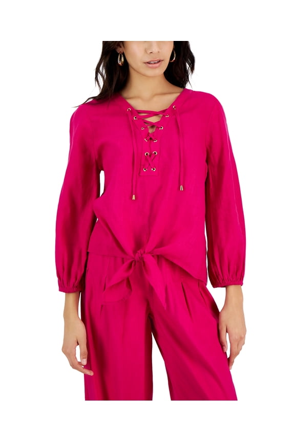 Womens Lace Up Tie Hem Linen Blouse Linen Pink Tutu XL