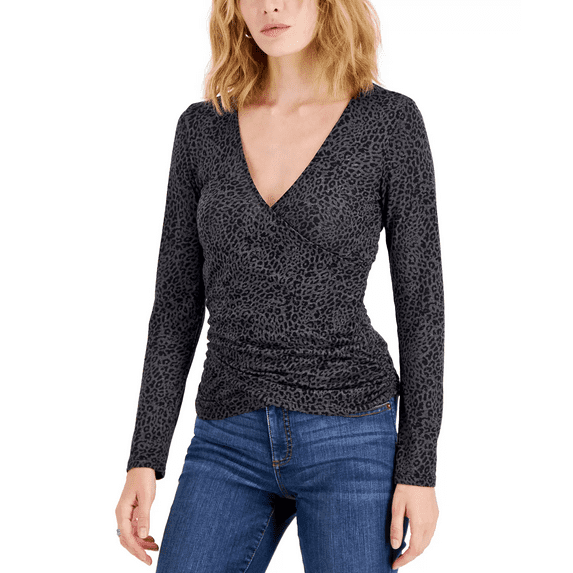 INC International Concepts Womens Leopard Print Long Sleeve Surplice Top Charcoal Grey L