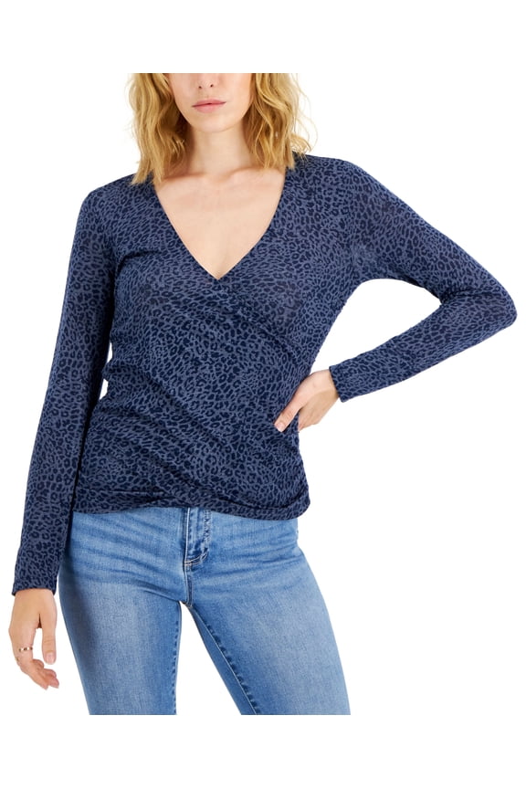 Womens Leopard Print Long Sleeve Surplice Top Indigo Sea XL