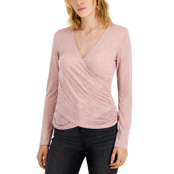 INC International Concepts Womens Leopard Print Long Sleeve Surplice Top Pale Mauve M