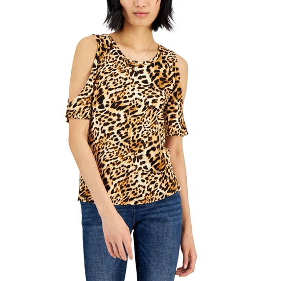 INC International Concepts Womens Leopard Printed Cold Shoulder Knit Top Caterina Cheetah 2XL
