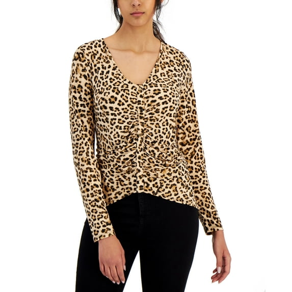 INC International Concepts Womens Leopard Ruched Front Top Classic Cheetah L