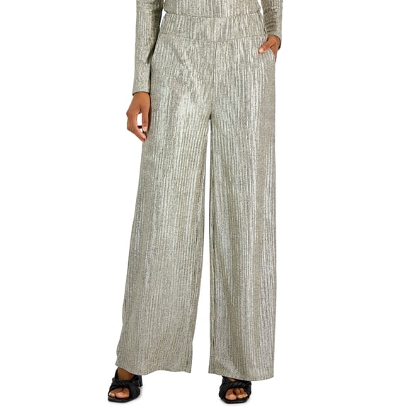 INC International Concepts Womens Metallic Wide Leg High Rise Pull On Pants High Gold 2XL