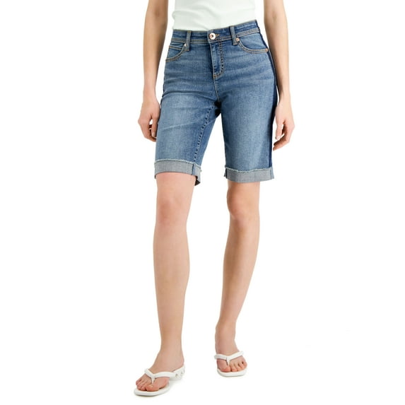 INC International Concepts Womens Mid Rise Contrast Trim Shorts Medium Indigo 16