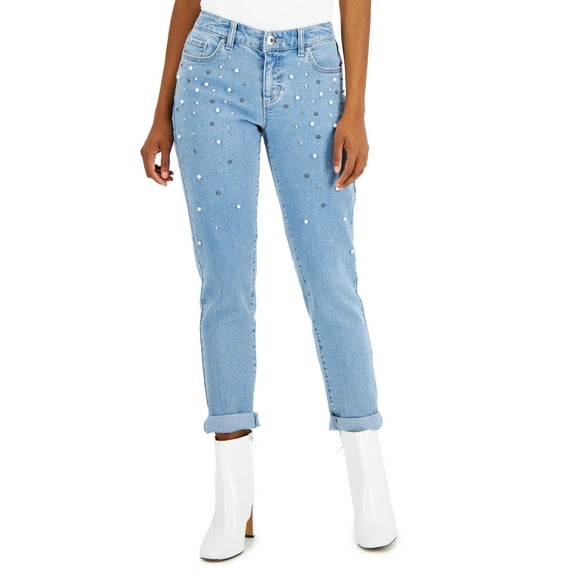 INC International Concepts Womens Mid Rise Embellished Straight Leg Jeans Light Indigo 16