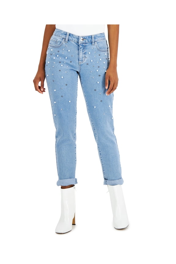 Womens Mid Rise Embellished Straight Leg Jeans Light Indigo 2