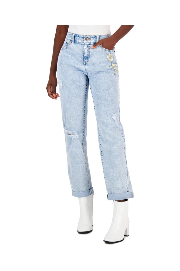 Womens Mid Rise Embroidered Boyfriend Jeans Light Indigo 6