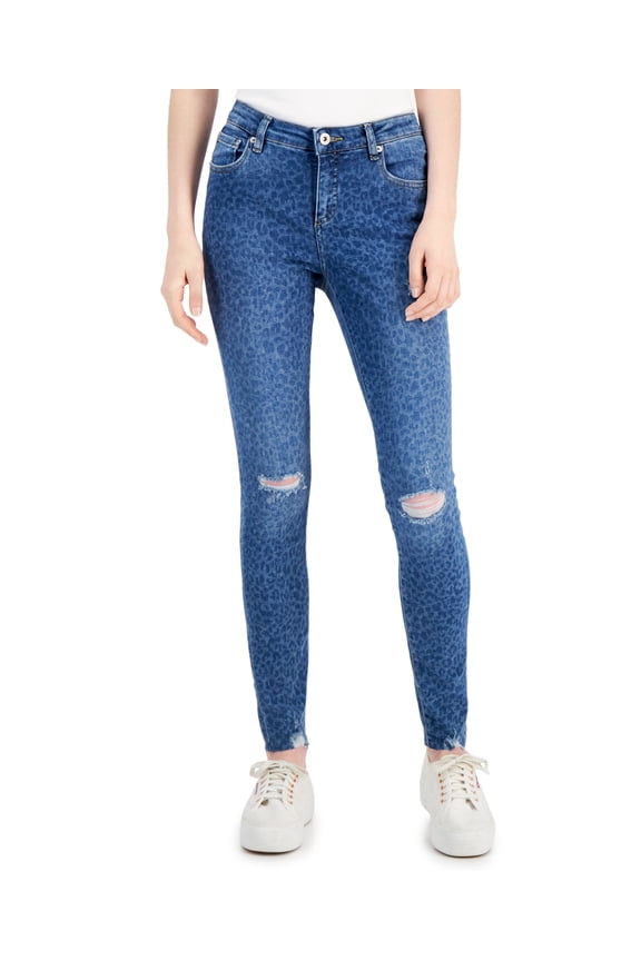 Womens Mid Rise Ripped Leopard Print Skinny Jeans Chi Chi Wash 0