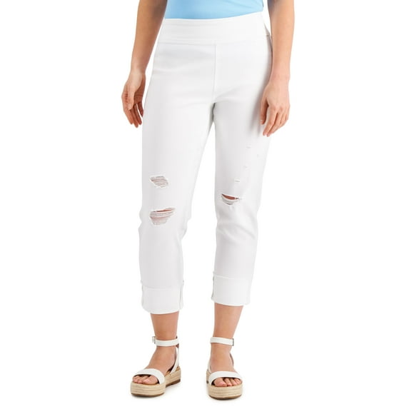 INC International Concepts Womens Mid Rise Ripped Straight Leg Pull On Jeans Bright White 2
