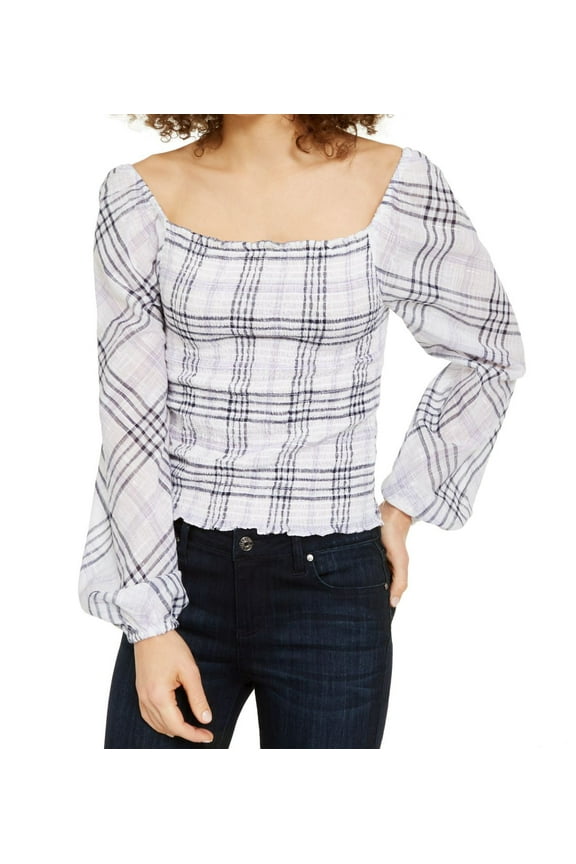 Womens Petite Metallic Plaid Smocked Top;P/M