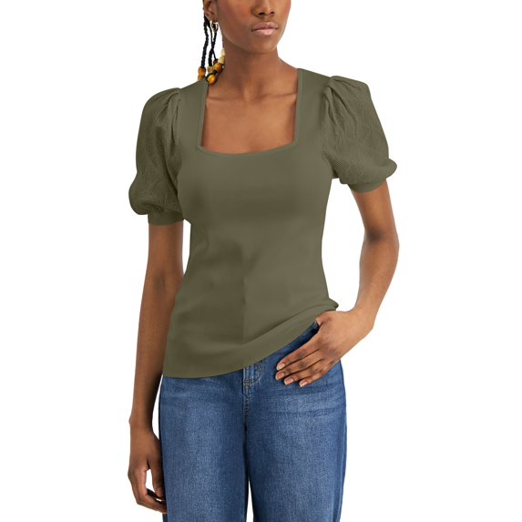 INC International Concepts Womens Pointelle Sleeve Sweater Burnt Olive S