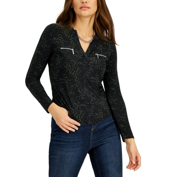 INC International Concepts Womens Print Zip Pocket Top Chichicheetah PXS