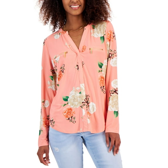 INC International Concepts Womens Print Zip Pocket Top Flowered Pink 2XL