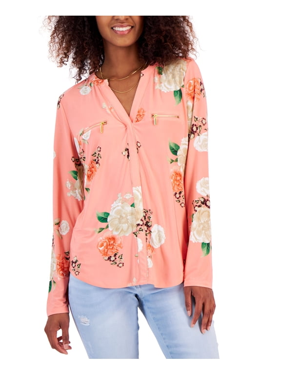 Womens Print Zip Pocket Top Flowered Pink 2XL