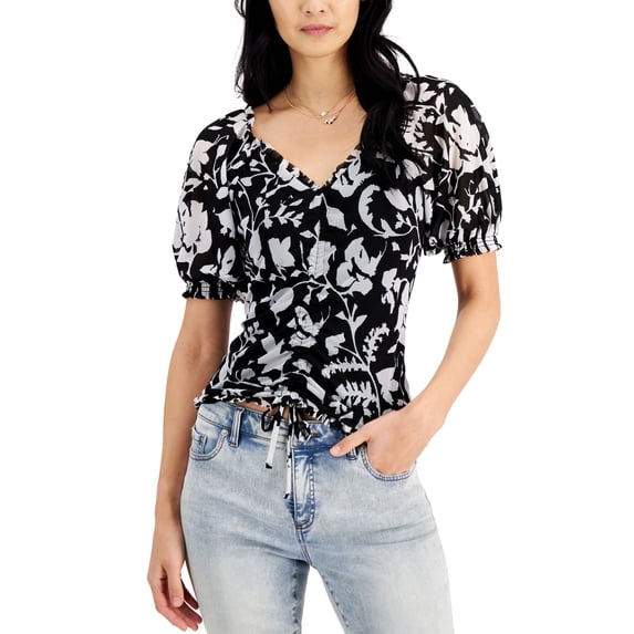 INC International Concepts Womens Printed Puff Sleeve Top Deri Blooms XL