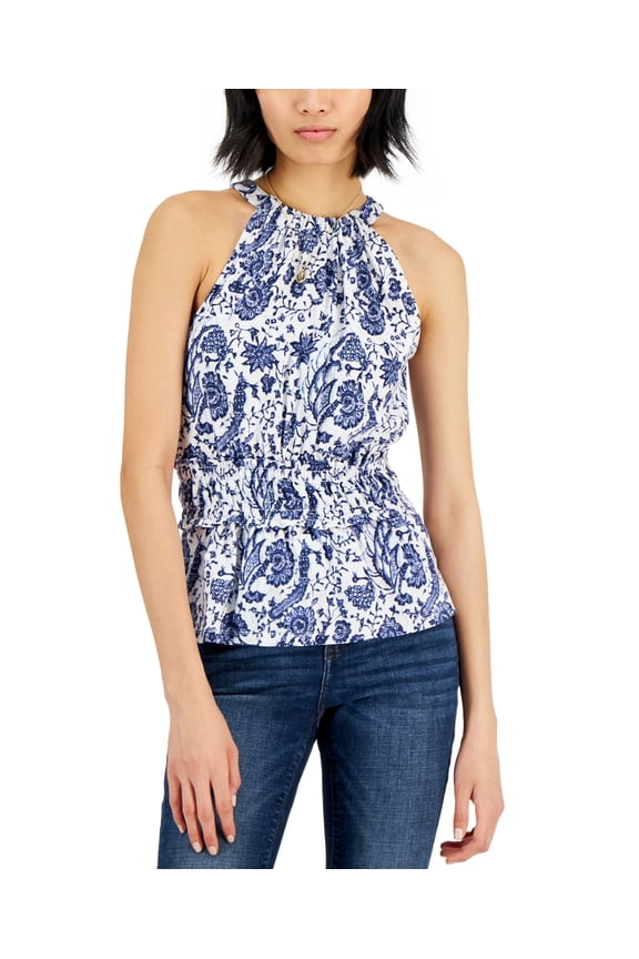 Womens Printed Smock Waist Top Batik Scene XS