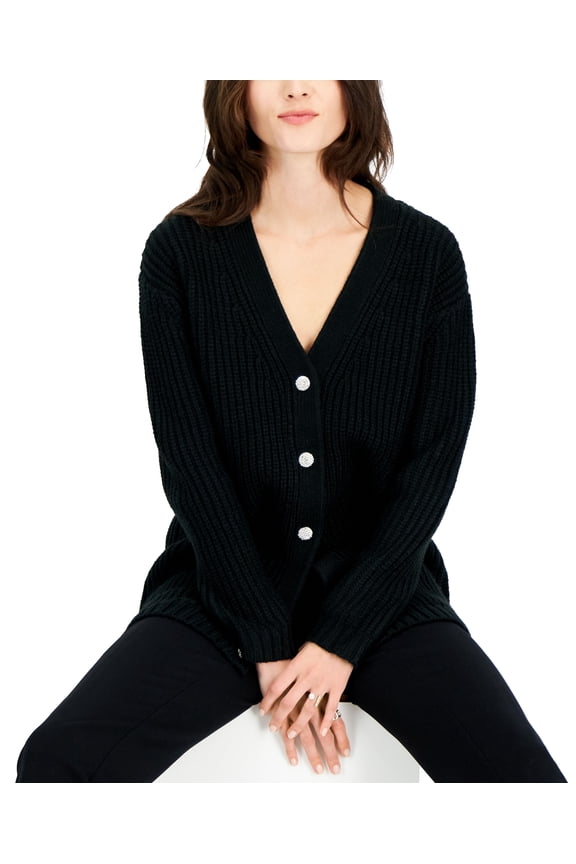 Womens Rhinestone Button Chunky Cardigan Deep Black S