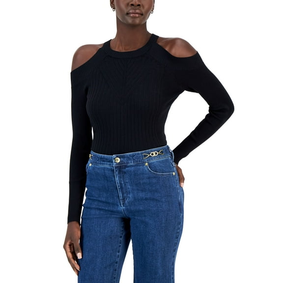 INC International Concepts Womens Ribbed Cold Shoulder Sweater Deep Black S