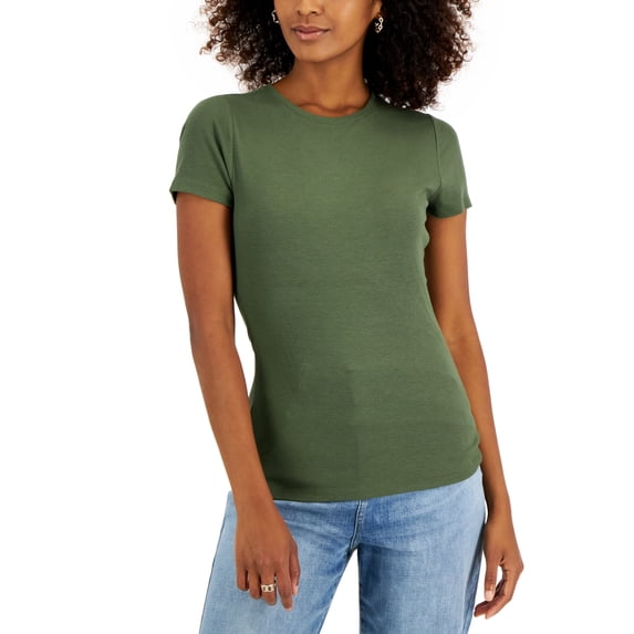 INC International Concepts Womens Ribbed Crewneck T-Shirt Costa Green XS