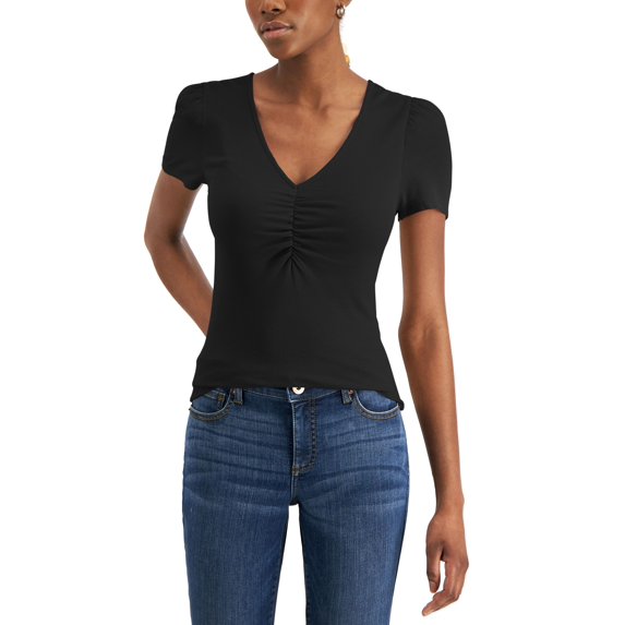 INC International Concepts Womens Ribbed Ruched Top Deep Black S