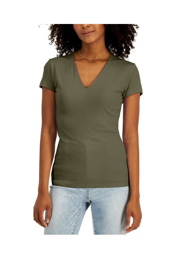 Womens Ribbed V Neck Top Burnt Olive XL
