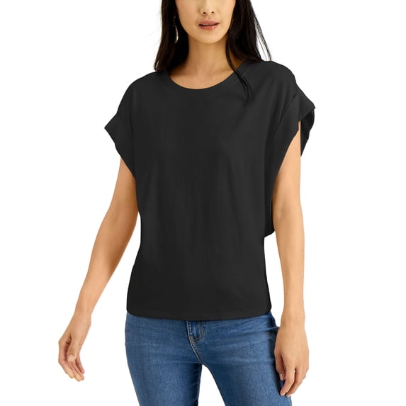 INC International Concepts Womens Rolled Sleeve T-Shirt Deep Black S