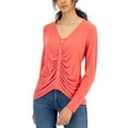 thumbnail image 1 of INC International Concepts Womens Ruched Button Detail Long Sleeve Top Coral Lipstick S, 1 of 1