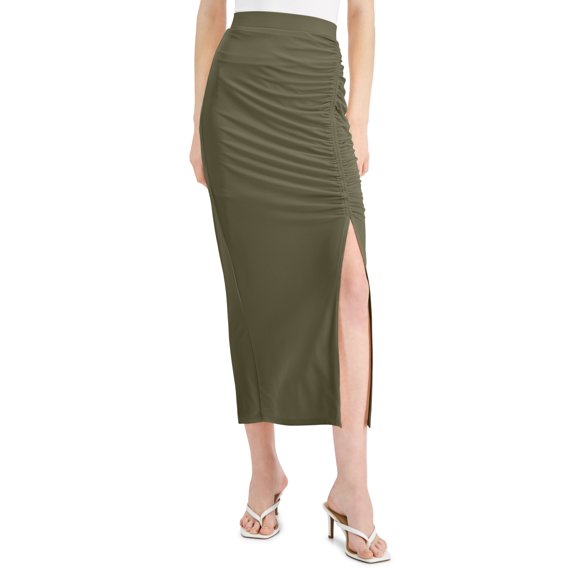 INC International Concepts Womens Ruched Slit Midi Skirt Burnt Olive XL