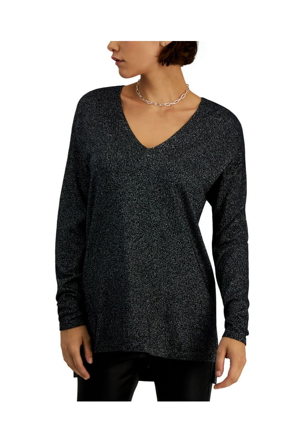 Womens Shine V Neck Long Sleeve Tunic Tun Black With Silver M