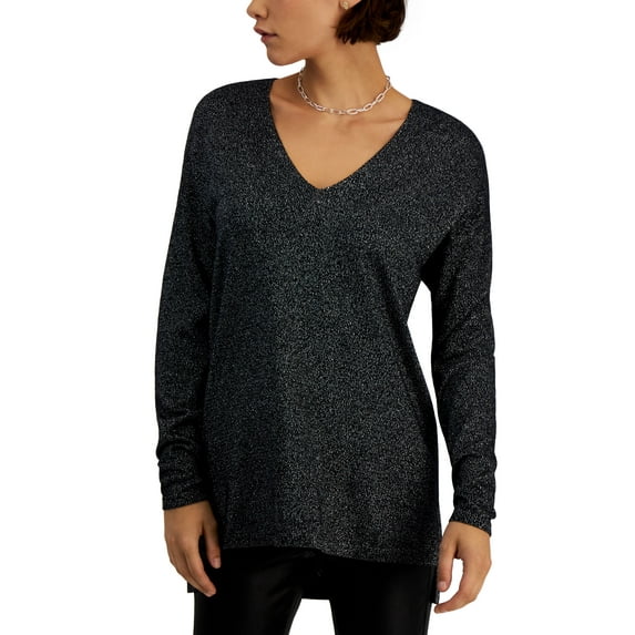 INC International Concepts Womens Shine V Neck Long Sleeve Tunic Tun Black With Silver M