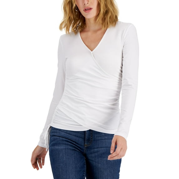 INC International Concepts Womens Side Ruched Surplice Top Bright White M