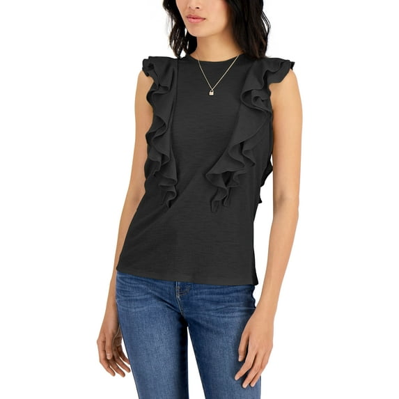 INC International Concepts Womens Sleeveless Ruffled Top Deep Black XL