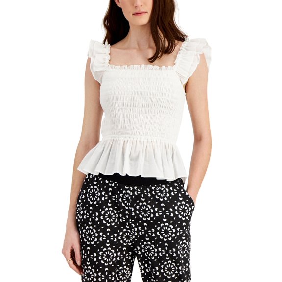 INC International Concepts Womens Smocked Blouse Washed White XS