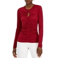 thumbnail image 1 of INC International Concepts Womens Solid Ruched Front Keyhole Knit Top Ruby Slippers M, 1 of 4
