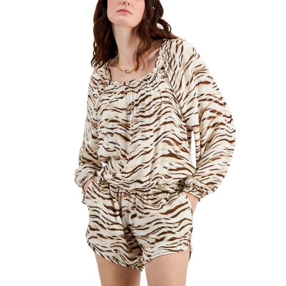 INC International Concepts Womens Square Neck Top Talia Tiger L