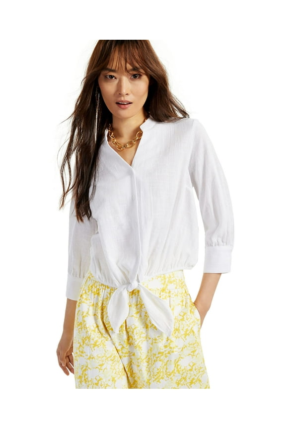 Womens Tie Hem Button Down Top Bright White L
