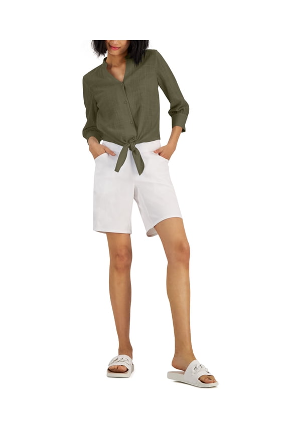 Womens Tie Hem Button Down Top Burnt Olive XS