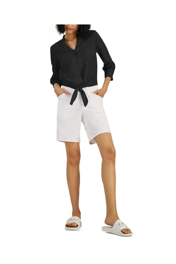 Womens Tie Hem Button Down Top Deep Black XS