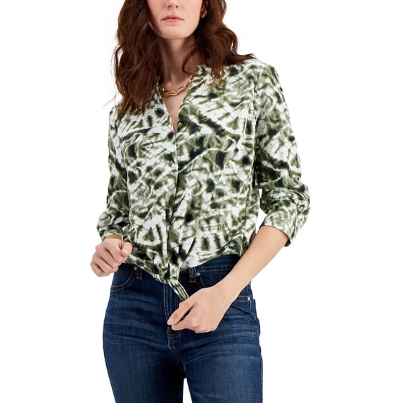 INC International Concepts Womens Tie Hem Top Dye Remix Green L