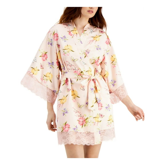 INC Intimates Pink Three-Quarter Sleeves Floral Robe M