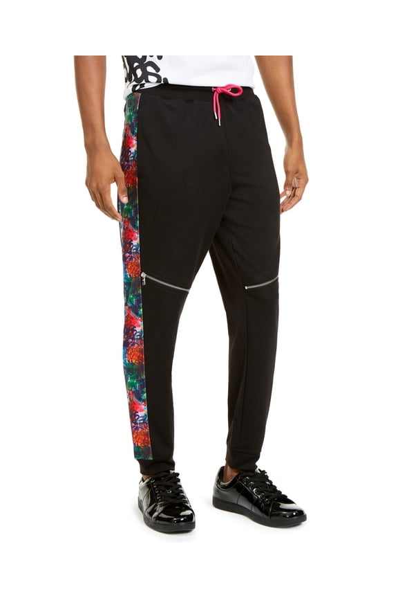 Mens Black Patterned Athletic Fit Joggers L