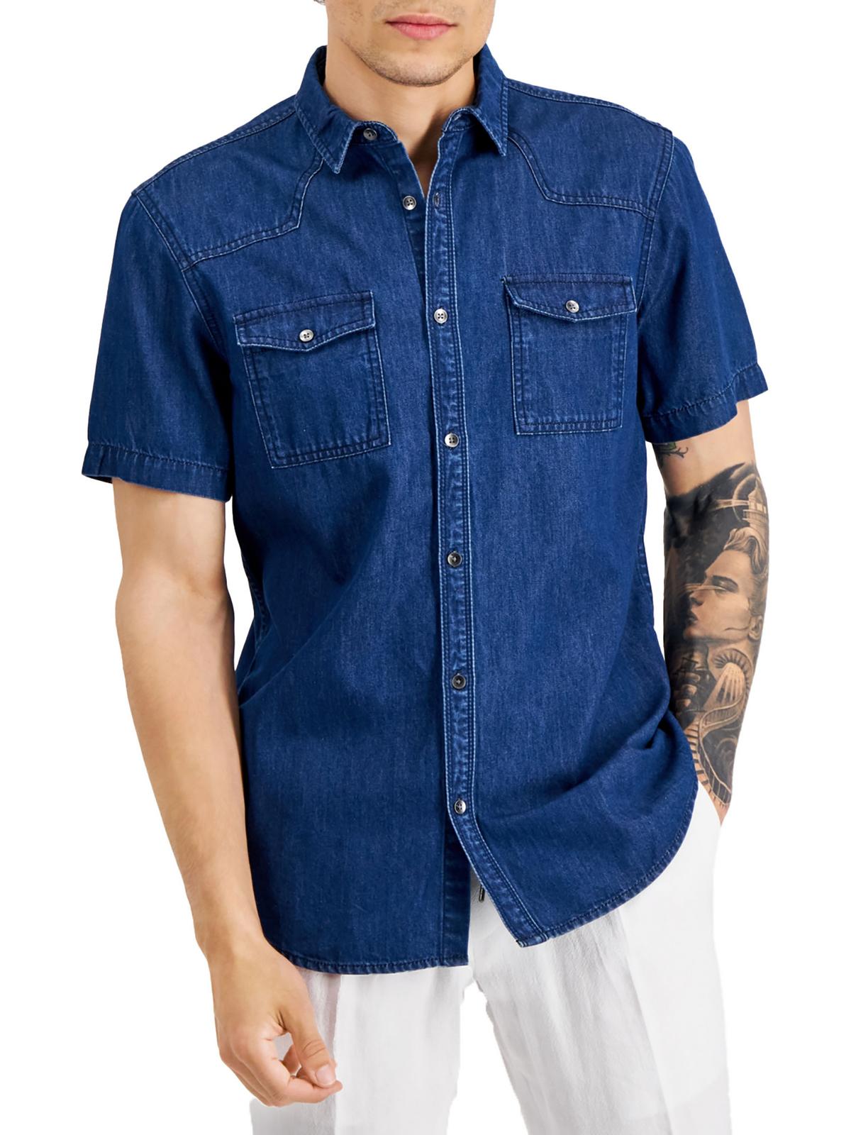 INC Mens Denim Short Sleeve ButtonDown Shirt