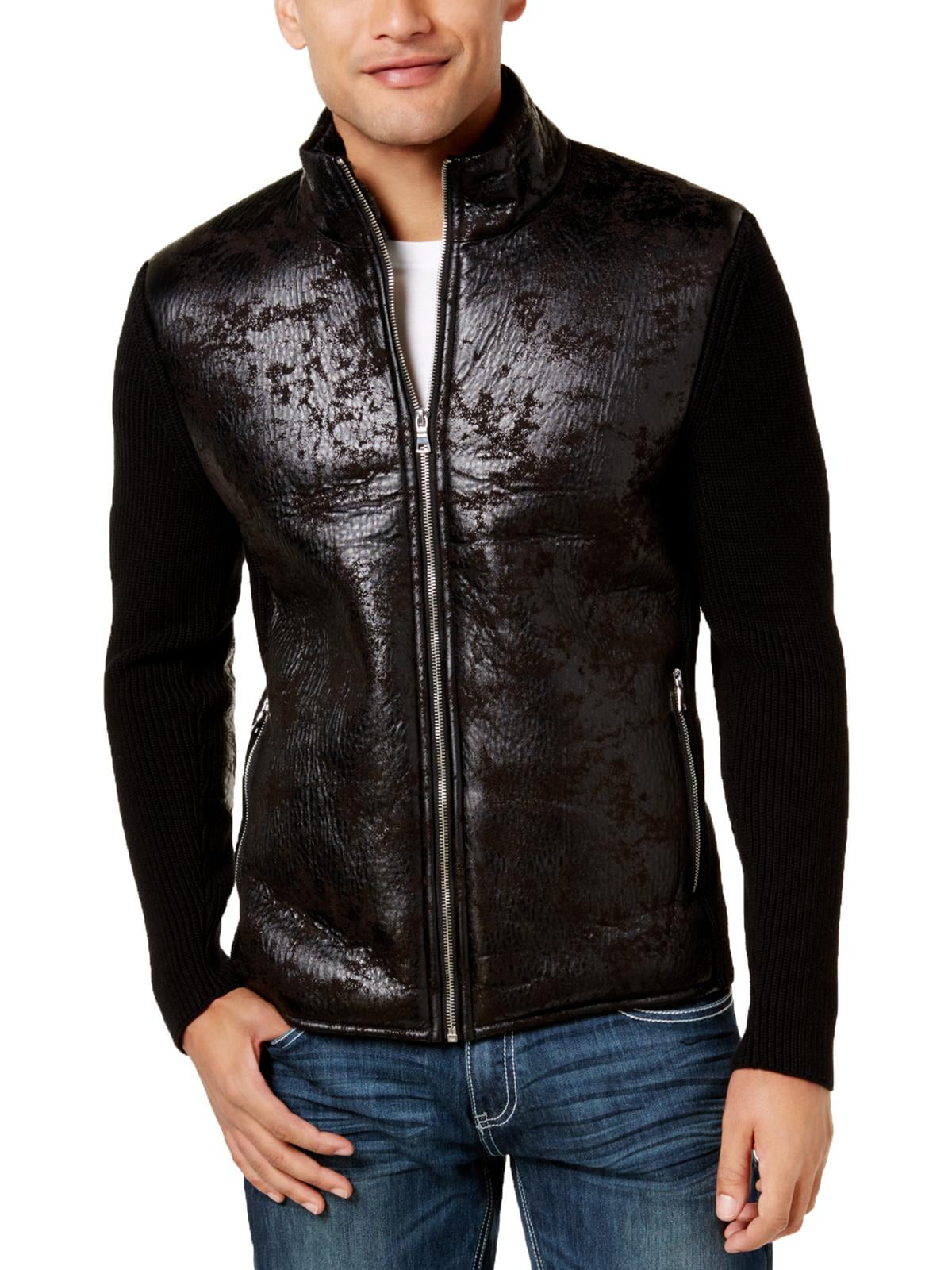INC Mens Fall Faux Leather Varsity Jacket Black L