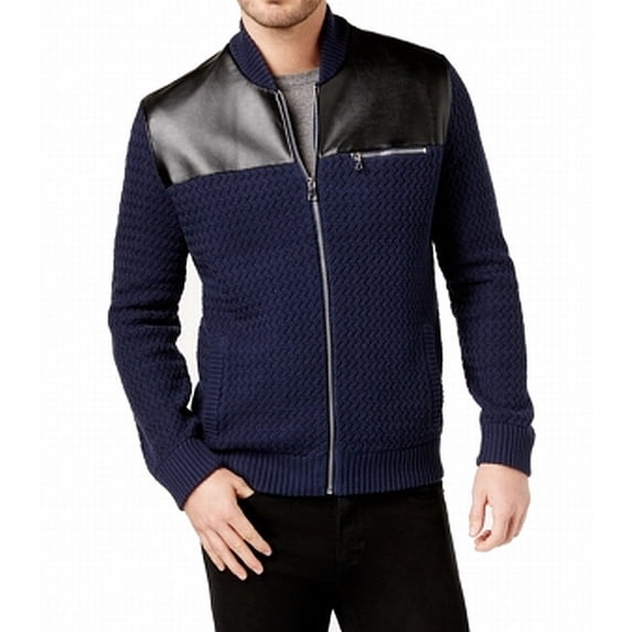 INC Mens Large Faux Leather Chevron Knit Zip-Front Jacket