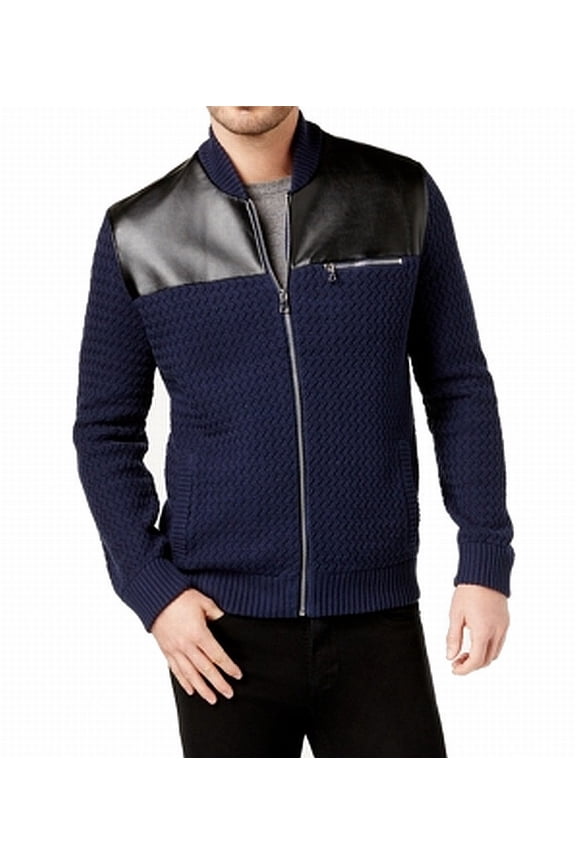 INC Mens Large Faux Leather Chevron Knit Zip-Front Jacket