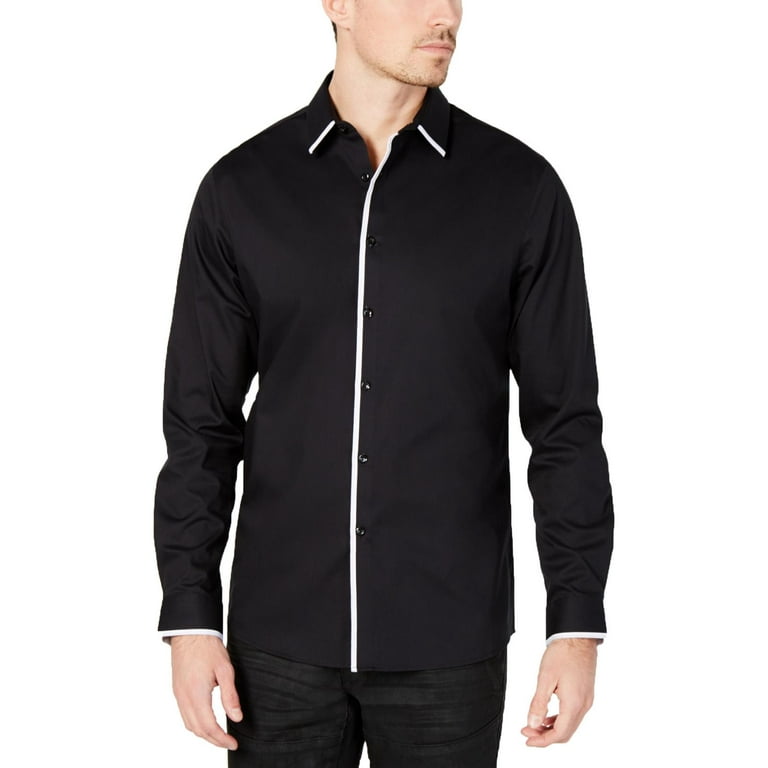 INC Mens Piping Non-Iron Button-Down Shirt Black L