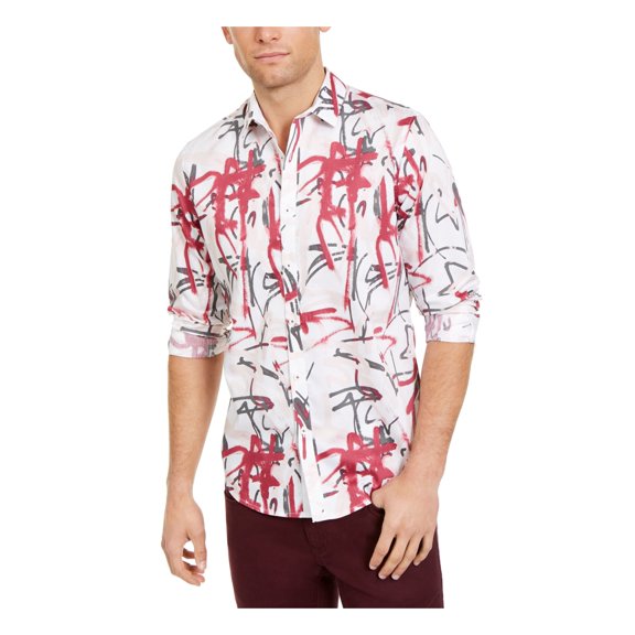 INC Mens White Printed Collared Classic Fit Dress Shirt S