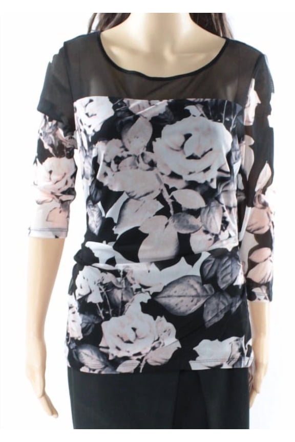 NEW Black Women Large PL Petite Photo Garden Floral Print Blouse