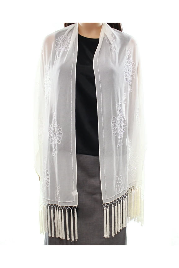 NEW White Ivory One Size Fringe-Trim Embellished Shawl/Wrap