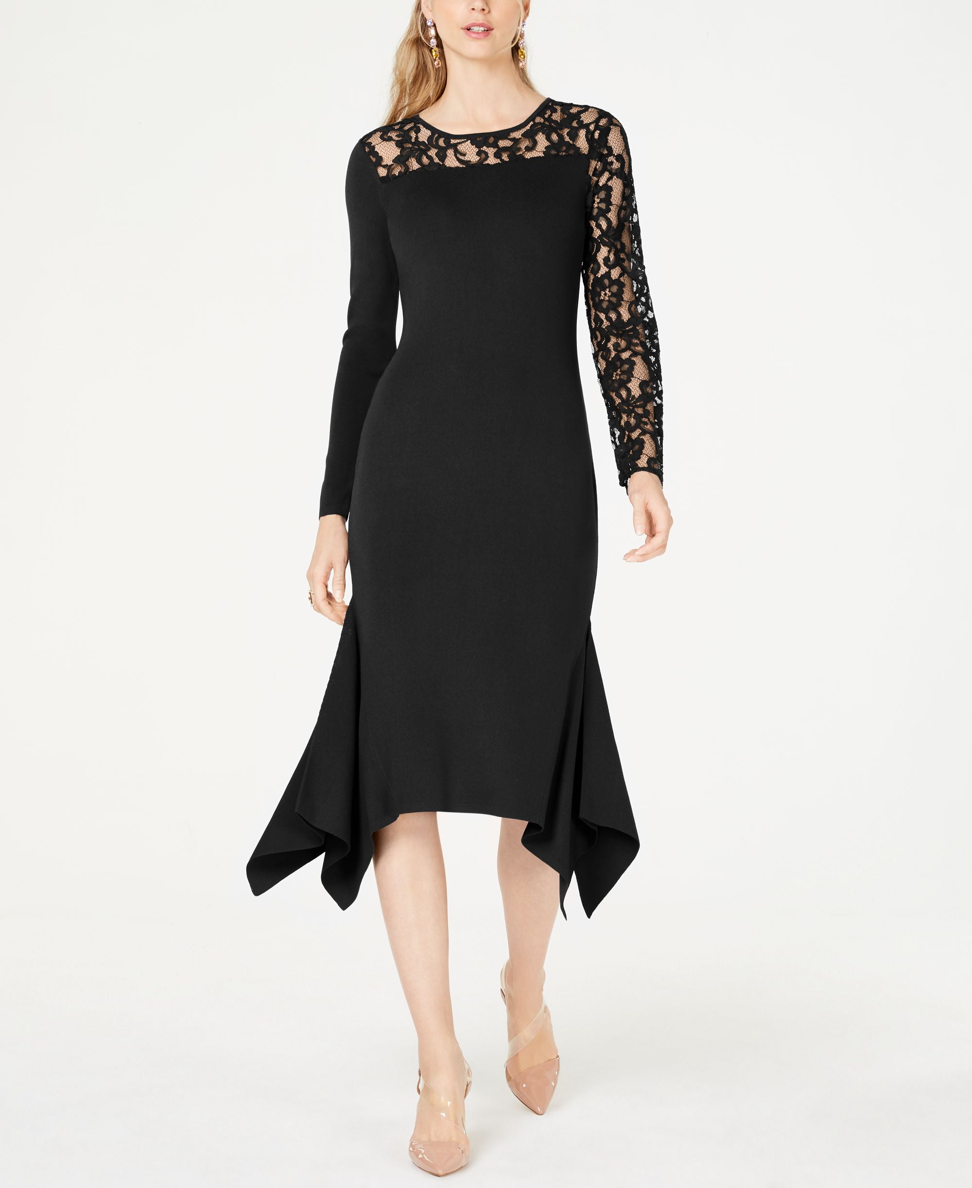 Inc Petite Lace Inset Sweater Dress Deep Black PS